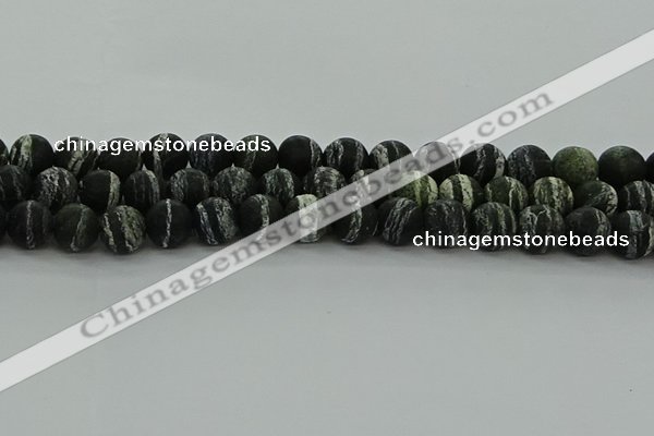 CRO1124 15.5 inches 12mm round matte green silver line jasper beads