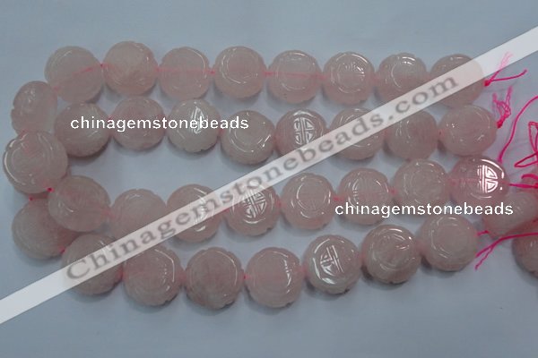 CRQ667 15.5 inches 20mm carved coin rose quartz beads