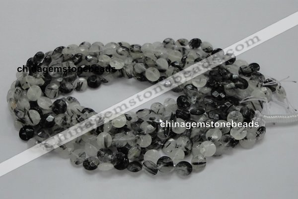 CRU02 15.5 inches 10mm faceted flat round black rutilated quartz beads