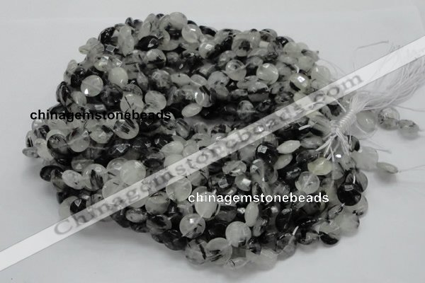 CRU03 15.5 inches 12mm faceted flat round black rutilated quartz beads