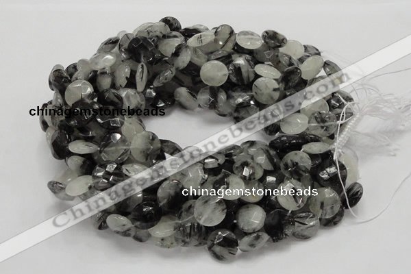 CRU04 15.5 inches 15mm faceted flat round black rutilated quartz beads