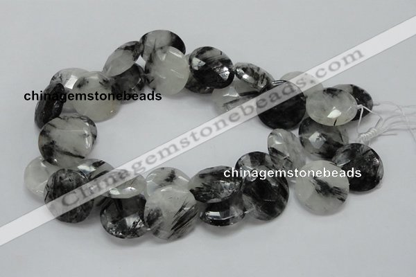 CRU05 15.5 inches 25mm faceted flat round black rutilated quartz beads