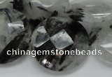 CRU06 15.5 inches 30mm faceted flat round black rutilated quartz beads