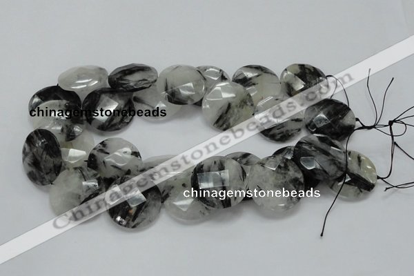 CRU06 15.5 inches 30mm faceted flat round black rutilated quartz beads