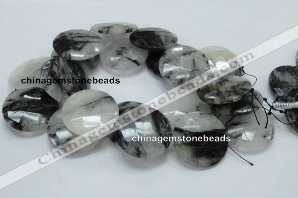 CRU07 15.5 inches 40mm faceted flat round black rutilated quartz beads