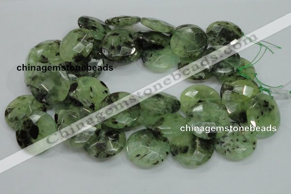 CRU117 15.5 inches 30mm faceted coin green rutilated quartz beads