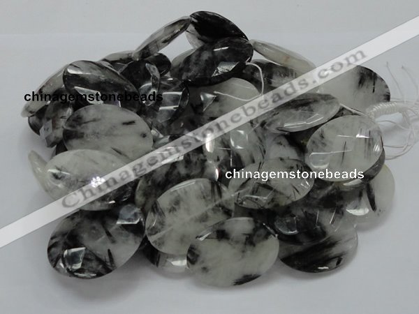 CRU19 15.5 inches 22*30mm faceted oval black rutilated quartz beads