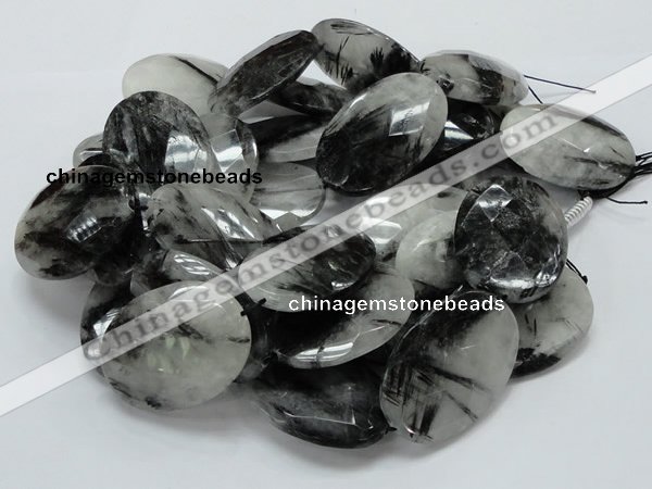 CRU21 15.5 inches 35*50mm faceted oval black rutilated quartz beads