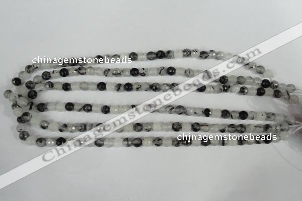 CRU312 15.5 inches 6mm faceted round black rutilated quartz beads