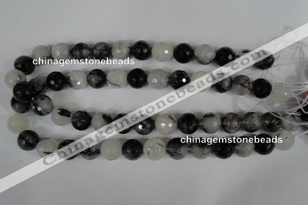 CRU316 15.5 inches 14mm faceted round black rutilated quartz beads