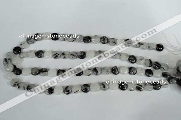 CRU338 15.5 inches 10mm flat round black rutilated quartz beads