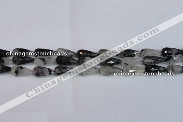 CRU350 15.5 inches 12*25mm faceted teardrop black rutilated quartz beads