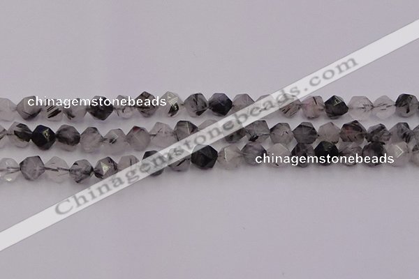 CRU512 15.5 inches 8mm faceted nuggets black rutilated quartz beads