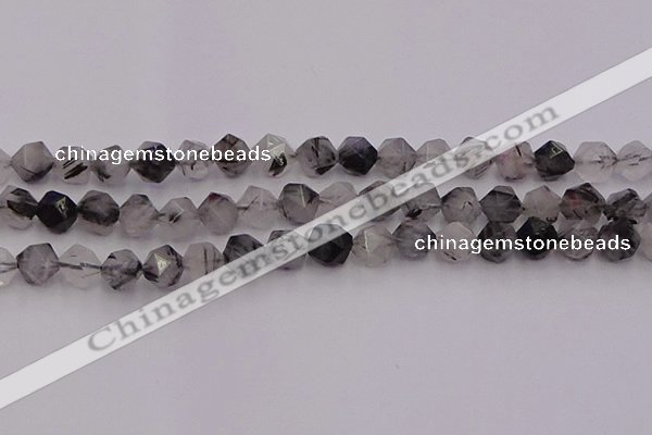 CRU513 15.5 inches 10mm faceted nuggets black rutilated quartz beads