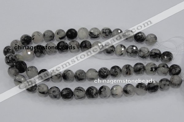 CRU61 15.5 inches 14mm faceted round black rutilated quartz beads