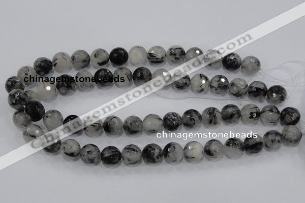 CRU61 15.5 inches 14mm faceted round black rutilated quartz beads