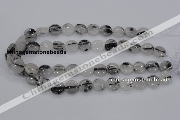 CRU80 15.5 inches 14mm flat round black rutilated quartz beads