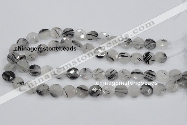 CRU93 15.5 inches 14mm faceted coin black rutilated quartz beads