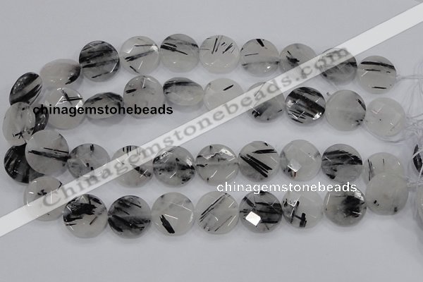 CRU94 15.5 inches 20mm faceted coin black rutilated quartz beads