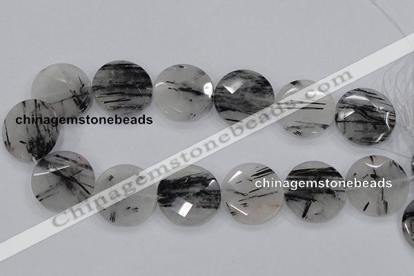 CRU95 15.5 inches 30mm faceted coin black rutilated quartz beads