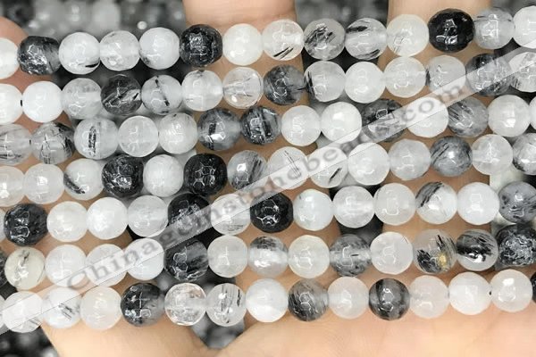 CRU966 15.5 inches 6mm faceted round black rutilated quartz beads