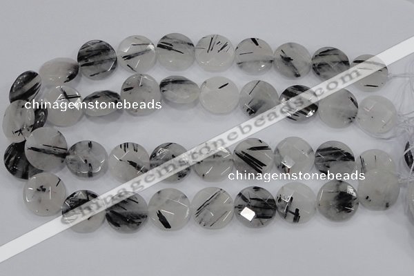 CRU98 15.5 inches 22mm faceted coin black rutilated quartz beads