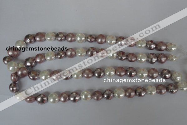 CSB184 15.5 inches 12mm flat round mixed color shell pearl beads