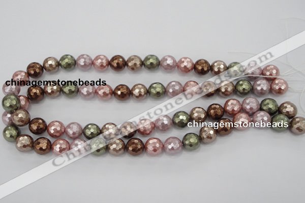 CSB502 15.5 inches 12mm faceted round mixed color shell pearl beads