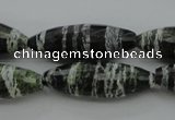 CSJ108 15.5 inches 10*30mm faceted rice green silver line jasper beads