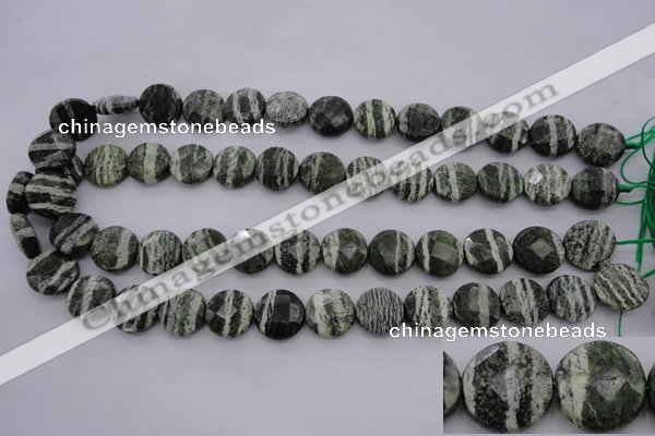 CSJ120 15.5 inches 15mm faceted coin green silver line jasper beads