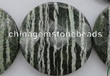 CSJ126 15.5 inches 50mm faceted coin green silver line jasper beads