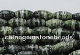 CSJ18 15.5 inches 8*15mm rice green silver line jasper beads