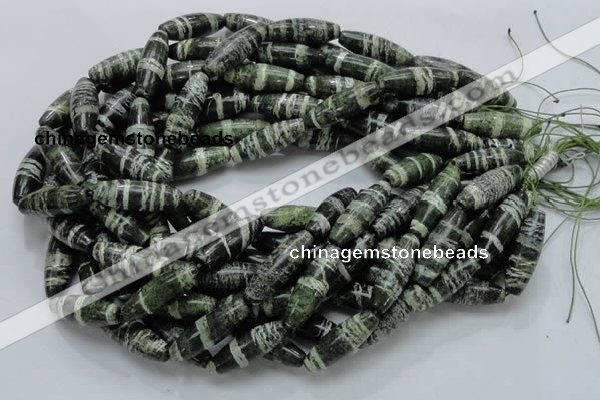 CSJ19 15.5 inches 10*30mm rice green silver line jasper beads