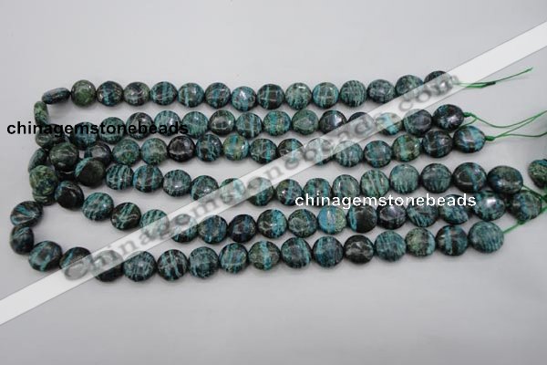 CSJ215 15.5 inches 12mm flat round dyed green silver line jasper beads