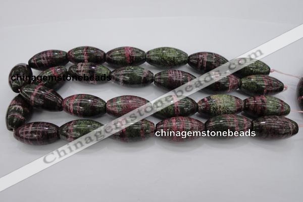 CSJ274 15.5 inches 15*30mm rice dyed green silver line jasper beads