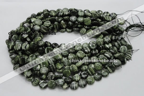 CSJ41 15.5 inches 10mm flat round green silver line jasper beads