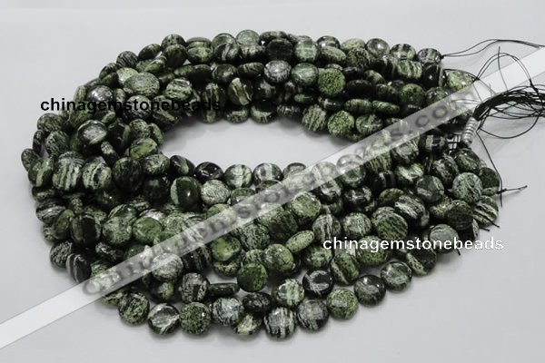 CSJ42 15.5 inches 12mm flat round green silver line jasper beads