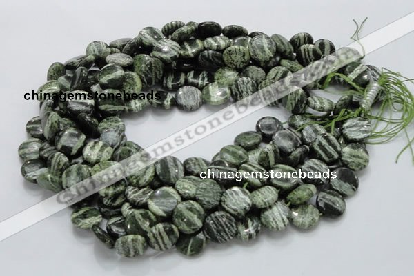 CSJ43 15.5 inches 15mm flat round green silver line jasper beads