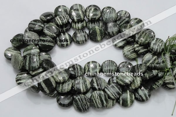 CSJ44 15.5 inches 20mm flat round green silver line jasper beads