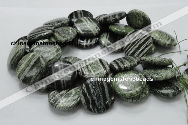 CSJ47 15.5 inches 35mm flat round green silver line jasper beads
