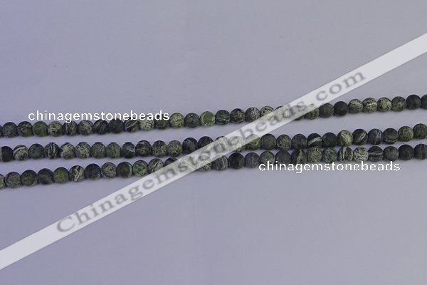 CSJ500 15.5 inches 4mm round matte green silver line jasper beads