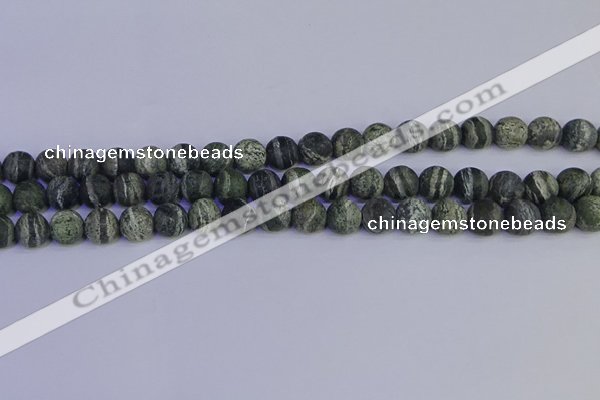 CSJ502 15.5 inches 8mm round matte green silver line jasper beads