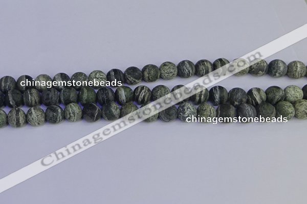 CSJ503 15.5 inches 10mm round matte green silver line jasper beads