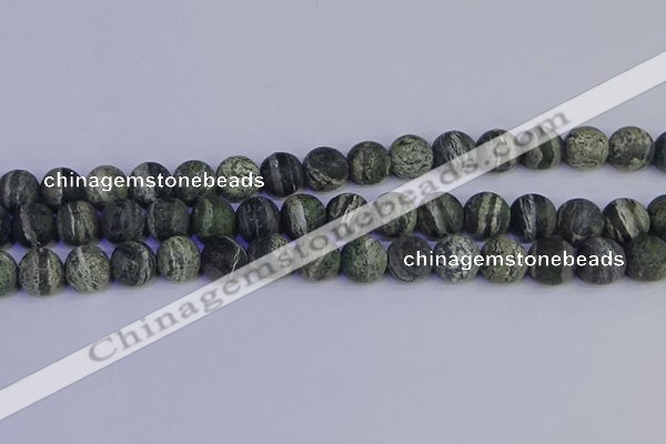 CSJ504 15.5 inches 12mm round matte green silver line jasper beads