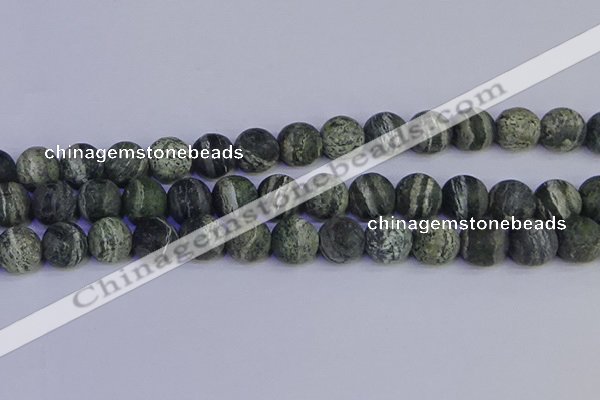 CSJ505 15.5 inches 14mm round matte green silver line jasper beads