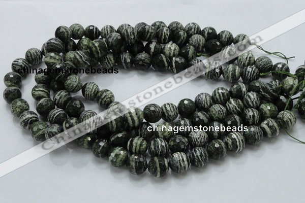 CSJ67 15.5 inches 14mm faceted round green silver line jasper beads