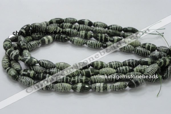 CSJ72 15.5 inches 10*20mm faceted rice green silver line jasper beads