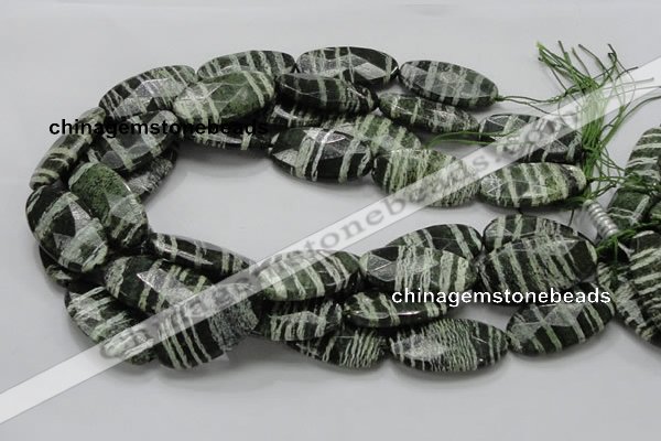 CSJ81 15.5 inches 20*40mm faceted oval green silver line jasper beads