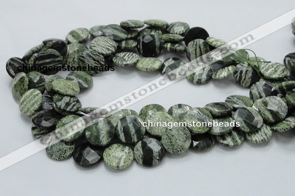 CSJ82 15.5 inches 18mm faceted flat round green silver line jasper beads