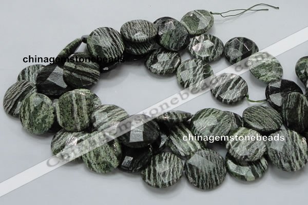 CSJ83 15.5 inches 25mm faceted flat round green silver line jasper beads